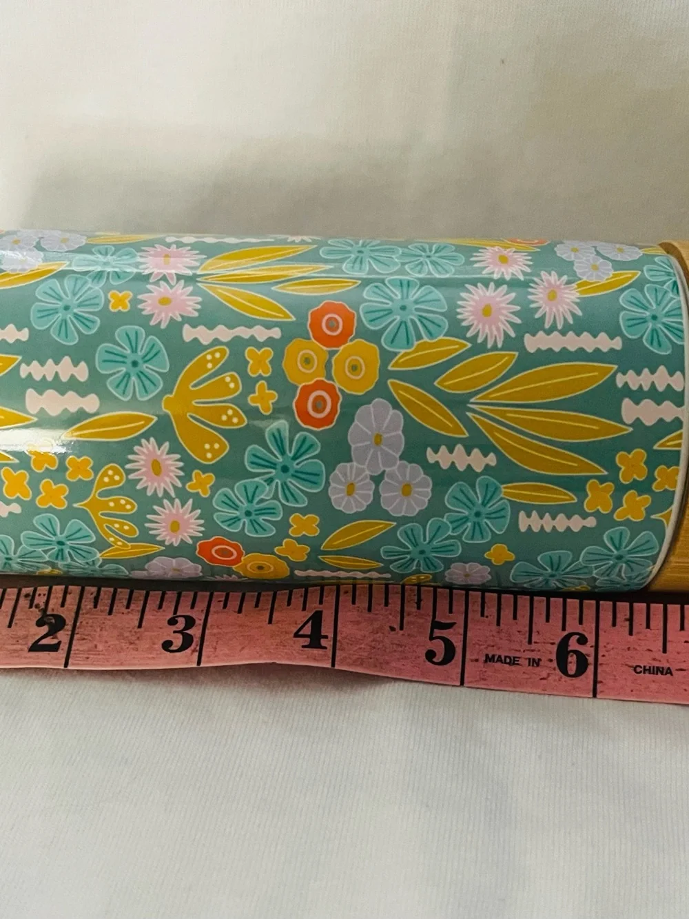 Floral Pattern Stainless Steel Travel Tumbler with Bamboo Lid - Teal